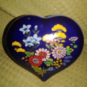 Cobalt Blue Ceramic Heart Shape Box Flower Pattern